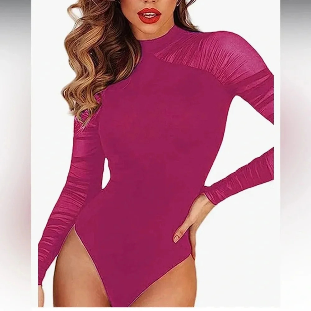 HOT PINK BODY SUIT NWT LONG SLEEVED RUCHED SNAP CROTCH SEXY MOCK NECK XL